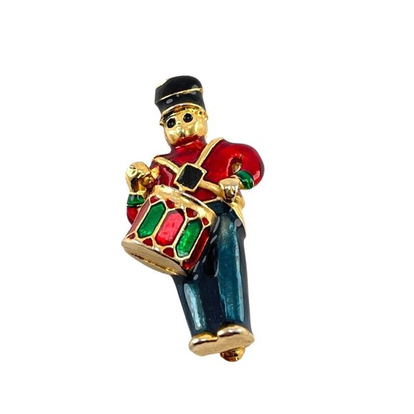Vintage Holiday Drummer Boy Pin Brooch 1.75'' Enamel Christmas Jewelry - Picture 7 of 7